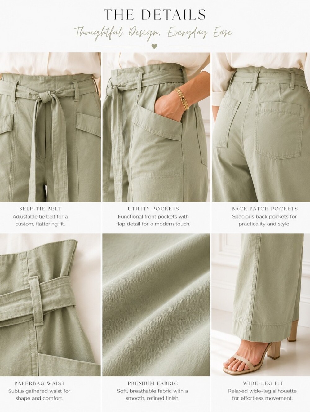A New Day Sage Green Paperbag Wide Leg Pants | Size 12 | Belted Utility - Picture 3 of 11